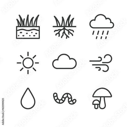 Grass Ecosystem Icons. Outline icon set of grass ecosystem and environment: soil layers, roots, rain, sun, cloud, wind, water drop