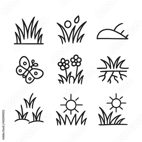 Grass Nature Icons. Outline icon set of grass and nature scenes: grassy field, dew on grass, grass hill, grassland, butterfly on