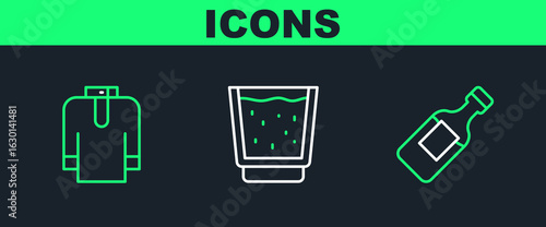 Set line Bottle of water, Shirt kurta and Glass with icon. Vector