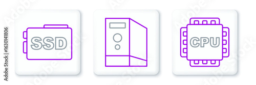 Set line Processor with CPU, SSD card and Case of computer icon. Vector