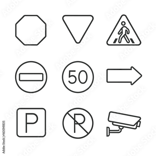 Transport Signal Icons. Outline icon set of transport signals and signs: stop sign, yield sign, pedestrian crossing, no entry,