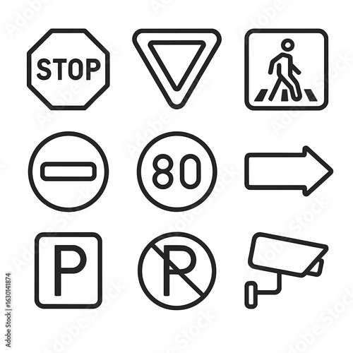 Transport Signal Icons. Outline icon set of transport signals and signs: stop sign, yield sign, pedestrian crossing, no entry,