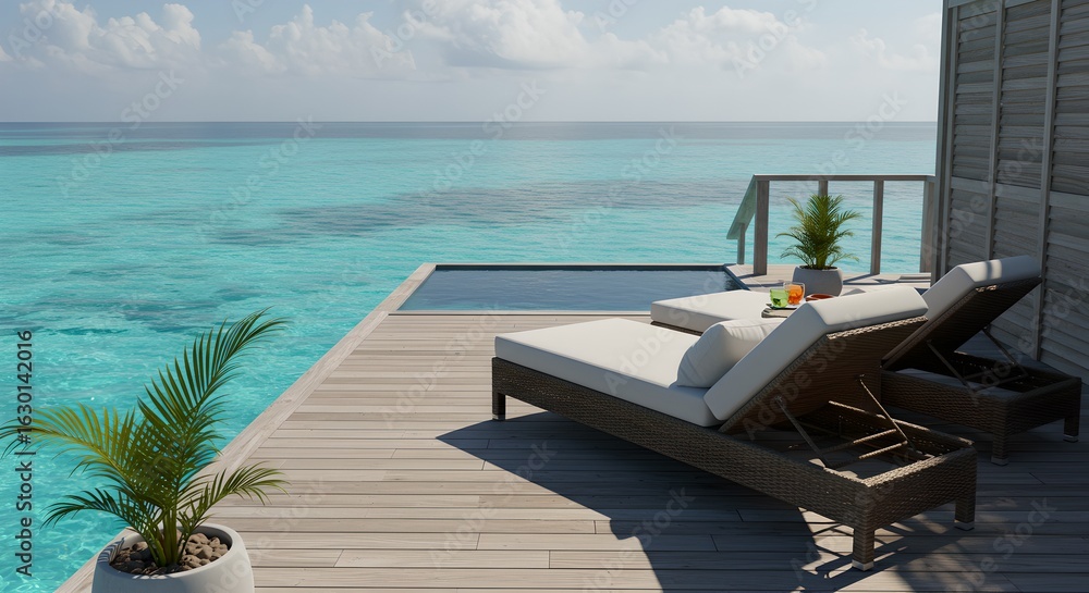 Fototapeta premium Private water villa deck with wicker chairs and ocean view.