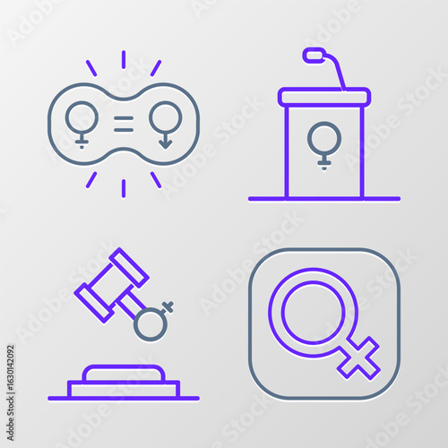 Set line Female gender, rights, Debate podium rostrum and Gender equality icon. Vector