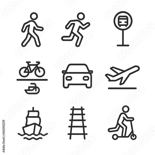 Transportation Icons Set. Outline icon set of movement in transportation: walking person, running person, bus stop, bike lane, car