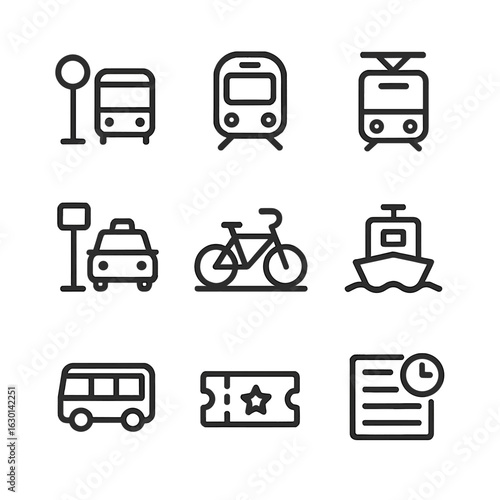 Transportation Icon Set. Outline icon set of public transportation: bus stop, metro train, tram, taxi stand, bike share, ferry,