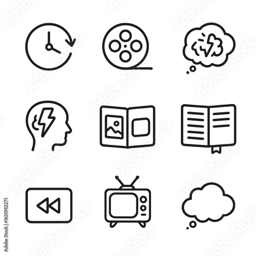 Trauma and Healing Icons. Outline icon set of time rewind: clock with backward arrow, film reel, memory bubbles, brain spark,