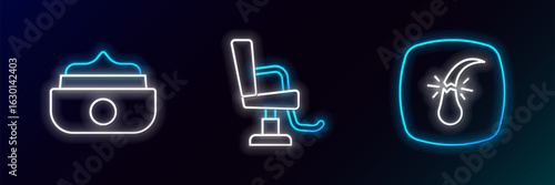 Set line Broken hair follicle, Gel or wax for styling and Barbershop chair icon. Glowing neon. Vector
