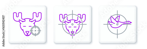Set line Hunt on duck with crosshairs, moose and icon. Vector