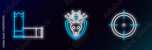 Set line Target sport for shooting competition, Cartridges and Deer head with antlers shield icon. Glowing neon. Vector