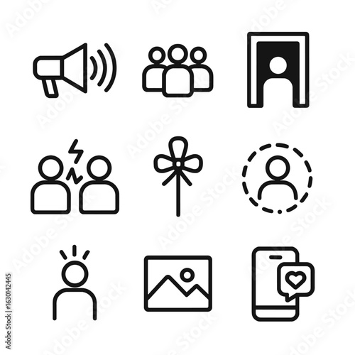 Trauma Trigger Icons. Outline icon set of trauma triggers: loud noise, crowd, dark room, conflict, reminder, isolation, stress,