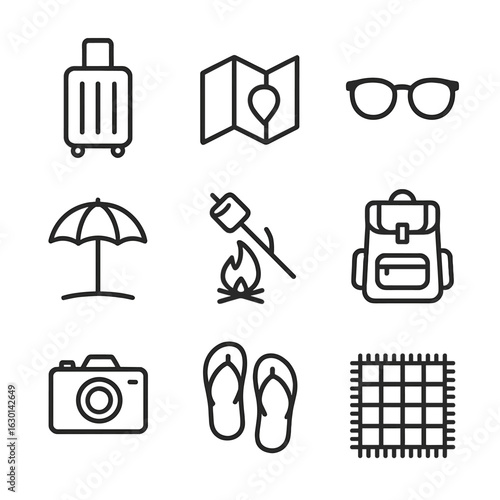 Travel Icons Collection. Outline icon set of sunset travel and leisure: suitcase, travel map, sunglasses, beach umbrella, campfire