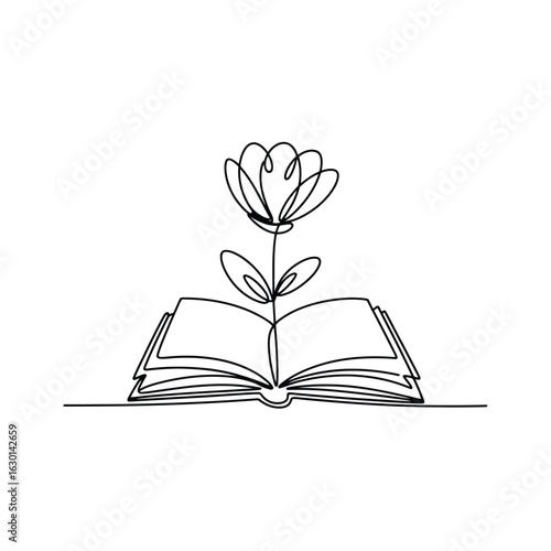 One Line Art Open Book with Flower Growing Reads Books Grow Minds Education Concept
