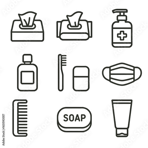 Travel Hygiene Essentials. Outline icon set of travel hygiene: mini tissue pack, wet wipes, hand sanitizer, mouthwash bottle,