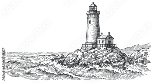 Vintage lighthouse sketch: rocky coast and ocean waves in black and white