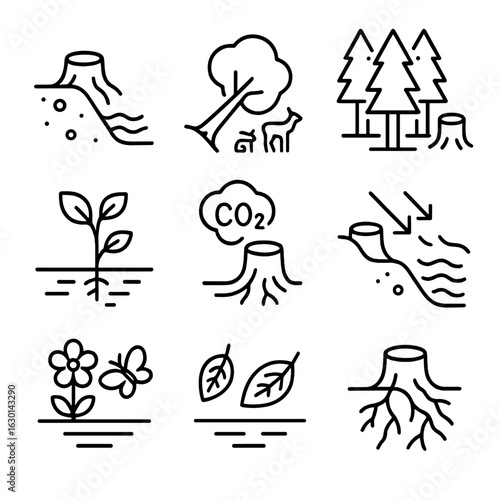 Treefall Environmental Icons. Outline icon set of treefall environmental impact: soil erosion, habitat loss, deforestation,
