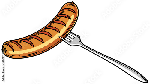 Grilled Sausage on a Fork HandDrawn Style.