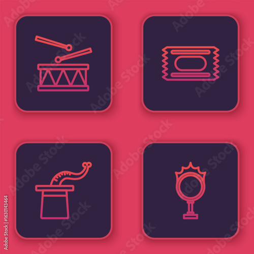 Set line Drum with drum sticks, Magician hat, Circus ticket and fire hoop. Blue square button. Vector