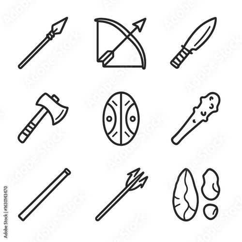 Tribal Weapons Icons. Outline icon set of tribal weapons and tools: spear, bow and arrow, knife, axe, shield, club, blowpipe,