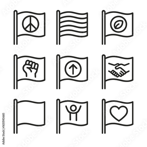 Icon Set Grid. Outline icon set of protest and activism flags: peace flag, rainbow pride flag, trans pride flag, environmental