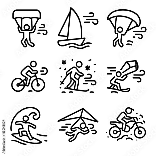 Turbulent Sports Icon Set. Outline icon set of turbulence in sports: skydiving turbulence, sailing rough wind, paragliding gusts,
