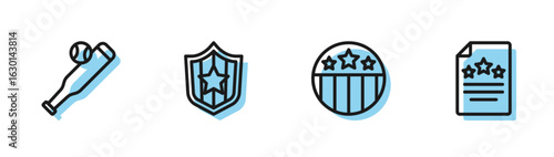 Set line Medal with star, Baseball bat ball, Shield stars and Declaration of independence icon. Vector