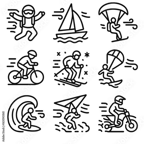 Turbulent Sports Icon Set. Outline icon set of turbulence in sports: skydiving turbulence, sailing rough wind, paragliding gusts,