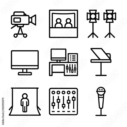 TV Studio Icons. Outline icon set of television studio: camera, broadcast booth, lights, monitor, editing room, teleprompter,