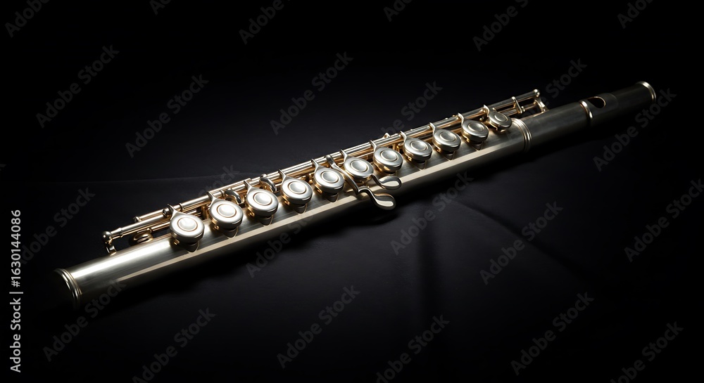 Fototapeta premium Silver Flute with Black Background and Soft Lighting for Music and Instrumental Photography