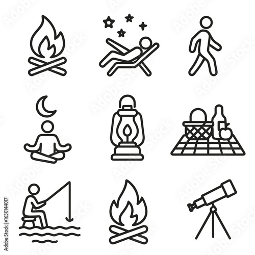 Twilight Activity Icons. Outline icon set of twilight activities: campfire, stargazing, night walk, evening yoga, lantern, picnic,