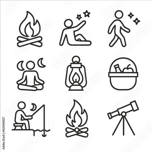 Twilight Activity Icons. Outline icon set of twilight activities: campfire, stargazing, night walk, evening yoga, lantern, picnic,