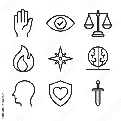 Icon Set Grid. Outline icon set of ethical judgment: hand raising, eye of truth, scales of fairness, conscience flame, moral