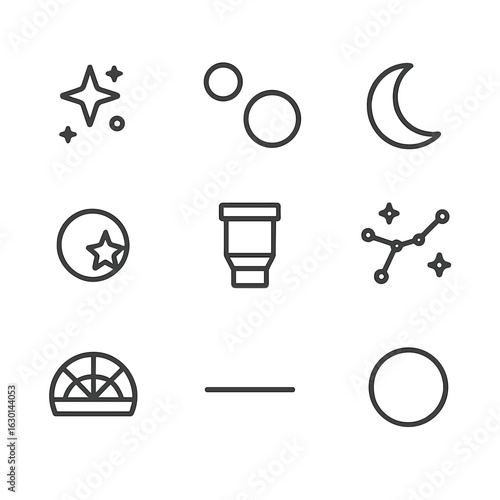 Twilight Astronomy Icons. Outline icon set of twilight astronomy: first visible star, planet conjunction outline, crescent moon,