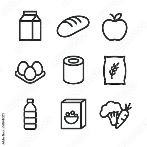 Grocery Icon Set. Outline icon set of grocery necessities: milk carton, bread loaf, apple, eggs, canned goods, rice bag, water
