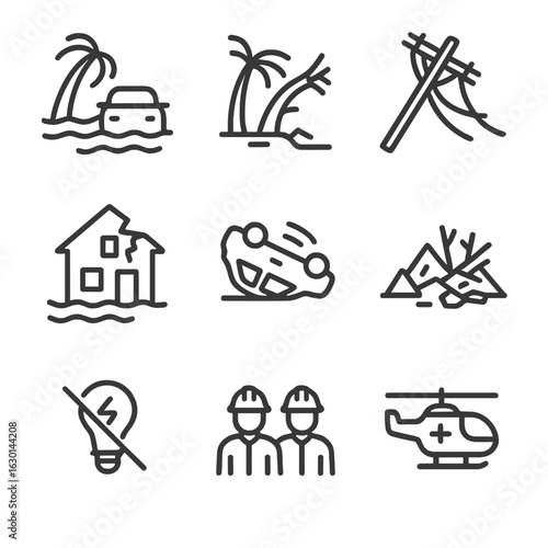 Typhoon Damage Icons. Outline icon set of typhoon damage: flooded street, broken tree, fallen power lines, damaged house,
