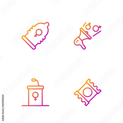 Set line Condom in package, Debate podium rostrum, and Feminist activist. Gradient color icons. Vector