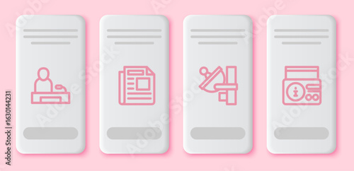 Set line Television report, News, Radar and radio channel. White rectangle button. Vector