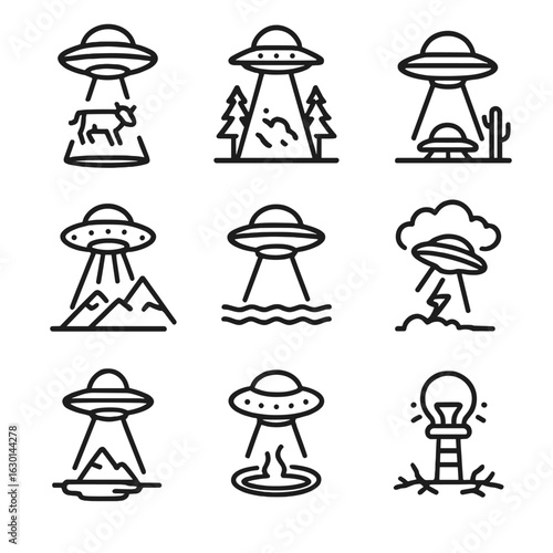 UFO and Defense Icons. Outline icon set of UFO and nature interactions: cows being abducted, forest encounter, desert landing,