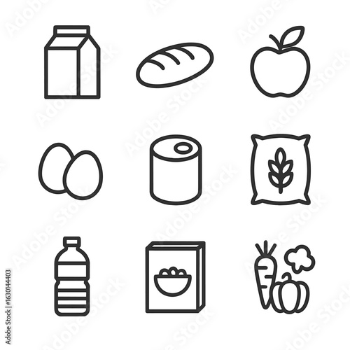 Grocery Icon Set. Outline icon set of grocery necessities: milk carton, bread loaf, apple, eggs, canned goods, rice bag, water