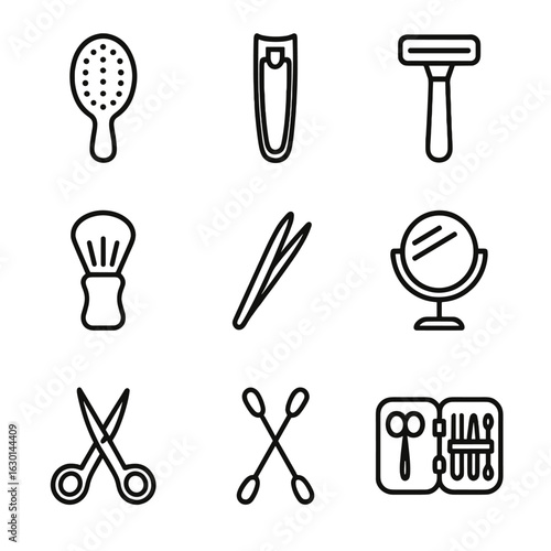 Grooming Essentials Icons. Outline icon set of grooming essentials: hairbrush, nail clipper, razor, shaving brush, tweezers,