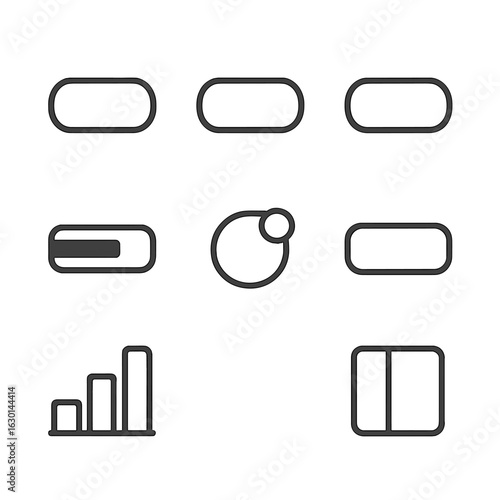 UI Icon Set. Outline icon set of UI color elements: button default, hover state, active state, disabled state, progress bar fill,