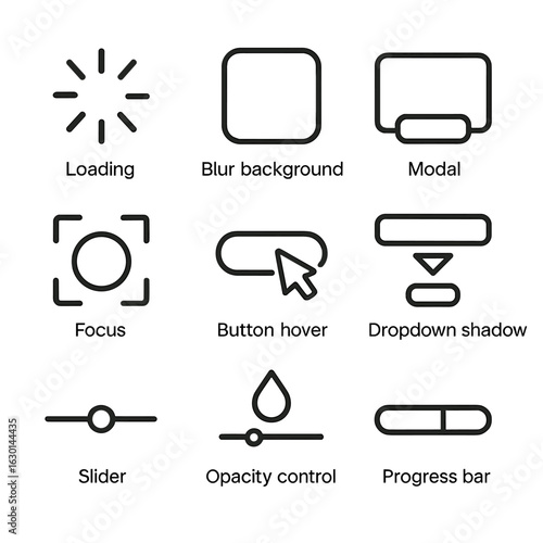 UI Design Icon Set. Outline icon set of blur in UI design: loading spinner, blur background, modal overlay, focus effect, button