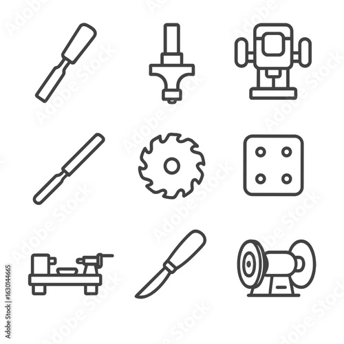 Groove Tools Icons. Outline icon set of groove tools and equipment: chisel, groove cutter, router, file, saw blade, sandpaper,