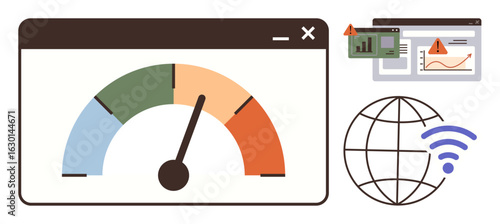 Colorful speed gauge in browser window, chart with warning icons, and globe with wireless. Ideal for internet monitoring, data performance, network issues, analytics, speed testing, global
