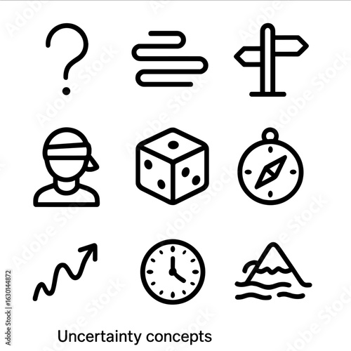 Uncertainty Icon Collection. Outline icon set of uncertainty concepts: question mark, fog, crossroads, blindfold, dice, compass,