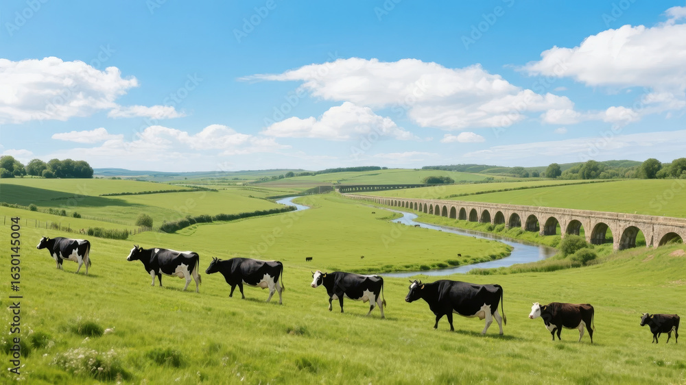 Cows grazing in a lush green field beside a historic stone bridge under a bright blue sky Cows grazing in a lush green field beside a historic stone bridge under a bright blue sky