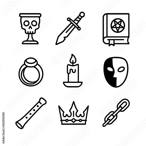 Underworld Icon Set. Outline icon set of underworld objects: skull chalice, broken sword, ancient tome, cursed ring, black candle,