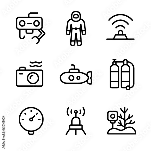 Underwater Tech Icons. Outline icon set of underwater exploration technology: remotely operated vehicle, diving suit, sonar,