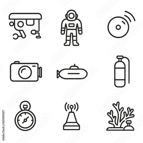 Underwater Tech Icons. Outline icon set of underwater exploration technology: remotely operated vehicle, diving suit, sonar,
