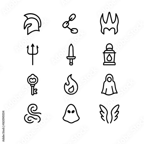 Underworld Icon Set. Outline icon set of mythological underworld: cerberus, Hades’ helm, pitchfork, dark throne, flaming pit,